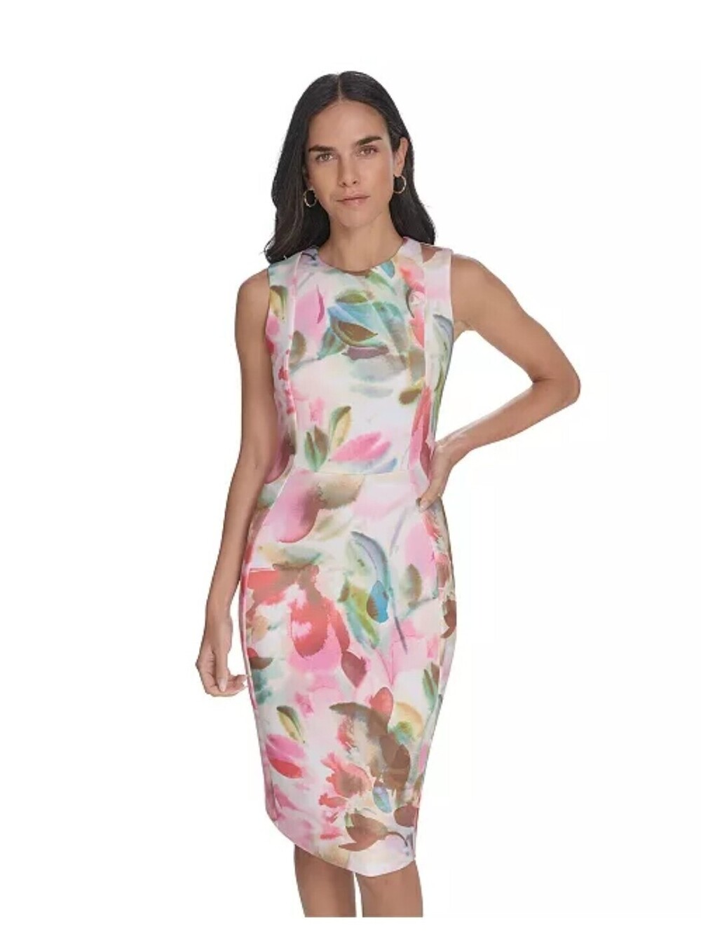 Calvin Klein NWT Dress Size 4 Women's Watercolor Floral Print Scuba Sheath Dress - Picture 2 of 9